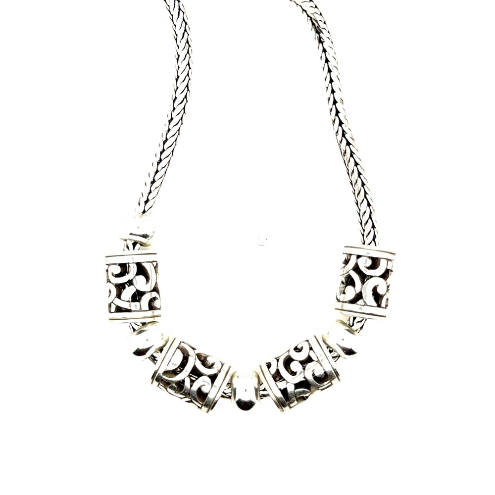 Brighton Silver Tone Scrollwork Barrel Bead Wheat Chain Necklace 16-18 Inch